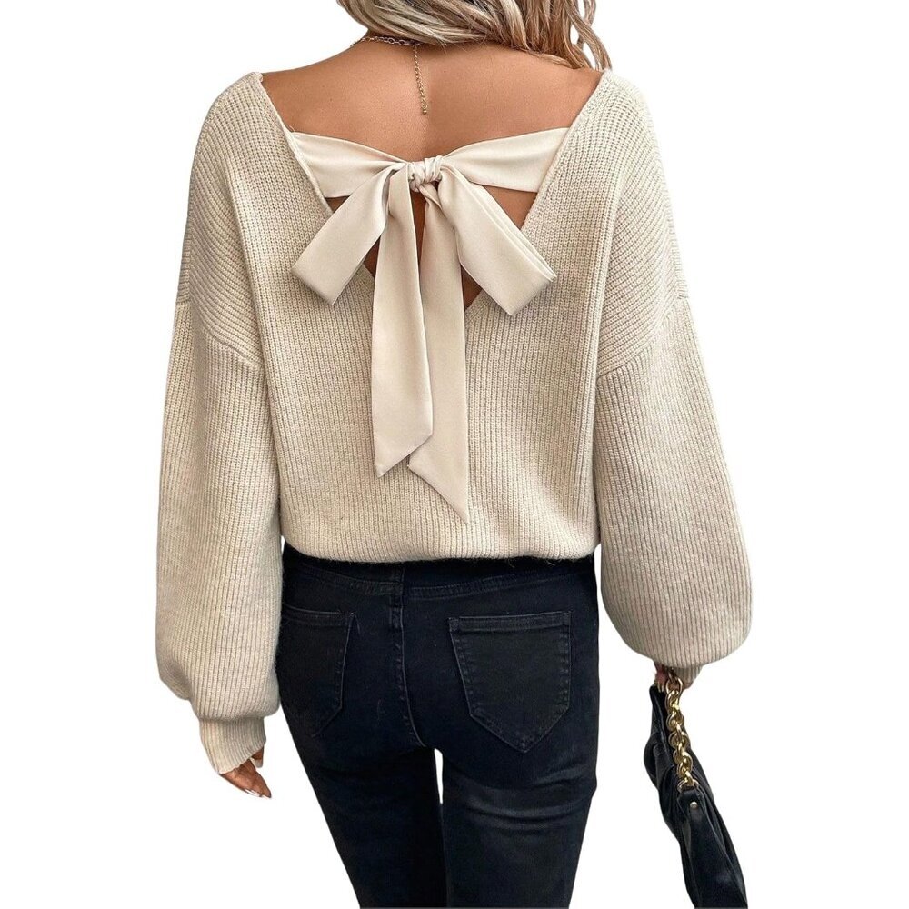 V Neck Sweater Women Knit Off Shoulder Long Sleeve Top Tie Back Apricot